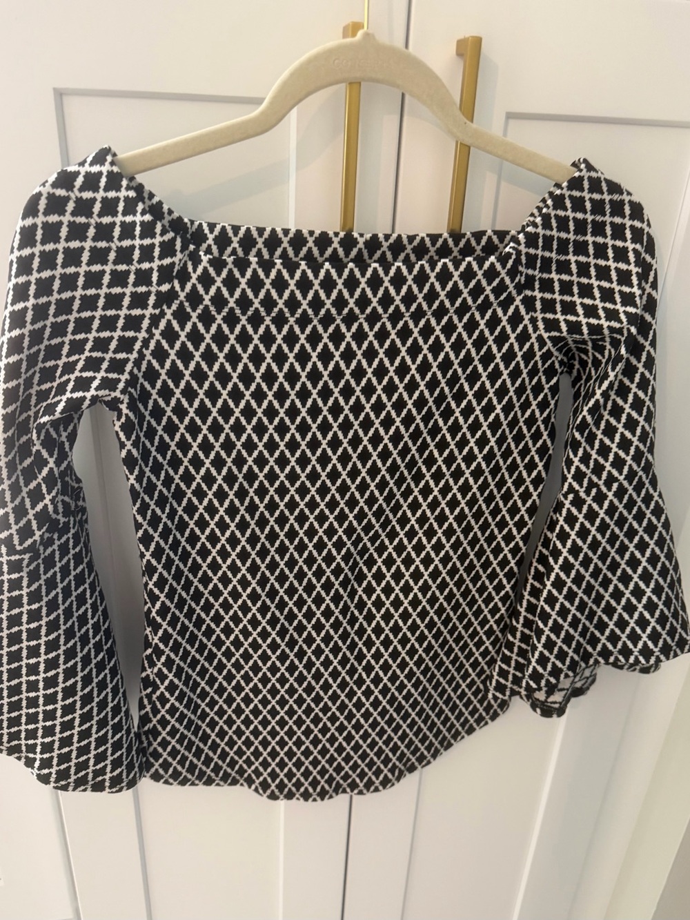 Karen Kane Black & White Diamond-Grid Off-Shoulder Bell-Sleeve Top